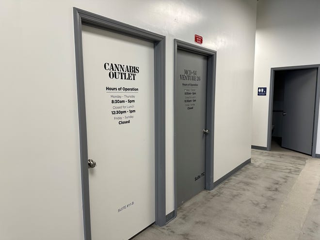 Doors to two of the four dispensaries located in a suite of an El Mirage business complex. All four dispensaries, each affiliated with Mint Cannabis, was closed on Feb. 5, 2024, during posted hours of operation.