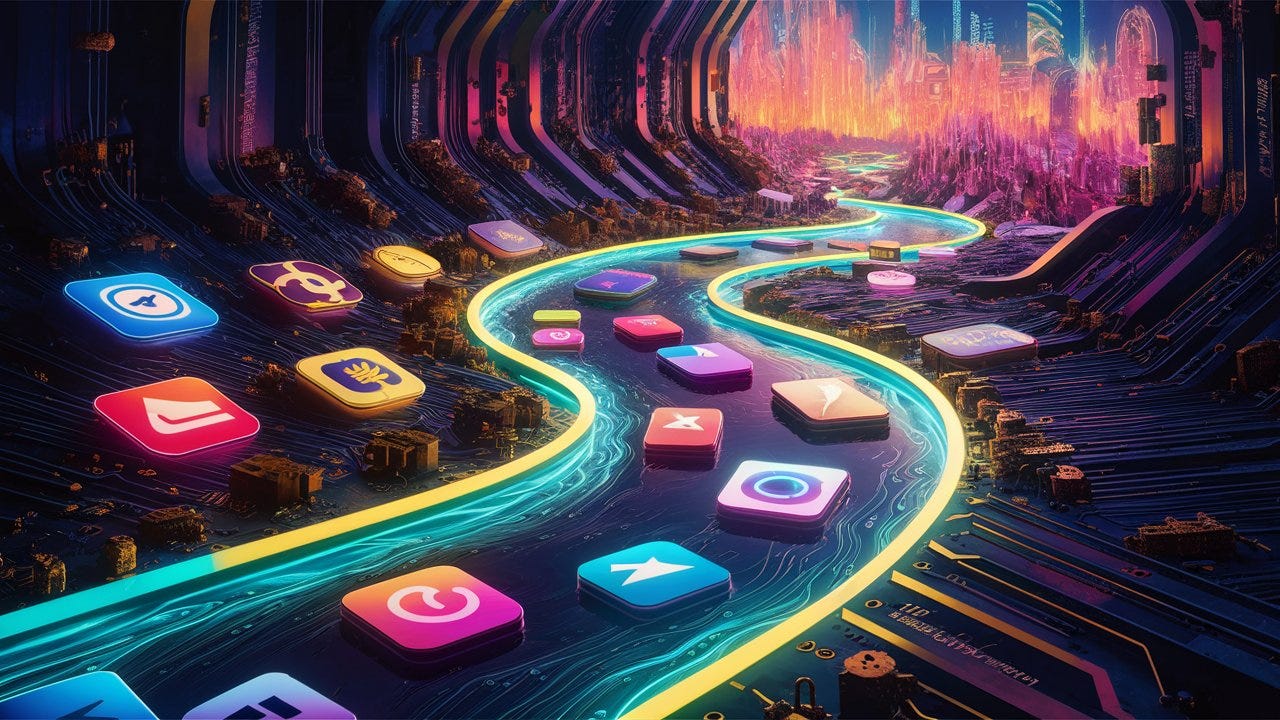 A vibrant, futuristic scene of neon-lit app logos floating down a winding, glowing river within a circuit board. The logos are of various shapes and colors, each representing a different app or technology. The river's bank is lined with tiny mechanical parts and circuitry, while the background reveals a sprawling cityscape with towering skyscrapers that emit a warm, vibrant glow. The overall atmosphere is a blend of digital and urban, with a touch of cyberpunk-inspired aesthetic.