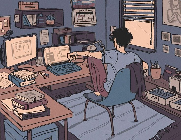 This may contain: a person sitting at a desk in front of a computer monitor and keyboard with books on it