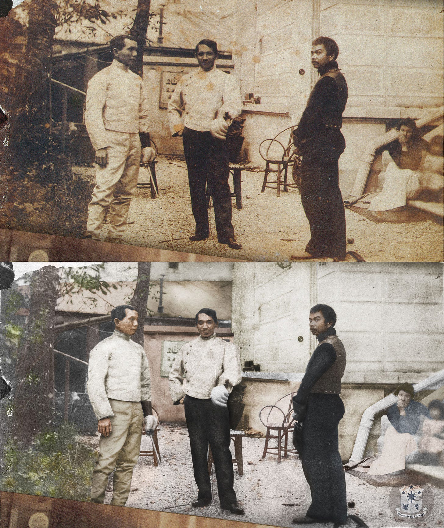 Rizal in his fencing outfit with artist Juan Luna and fellow propagandist Valentin Ventura.