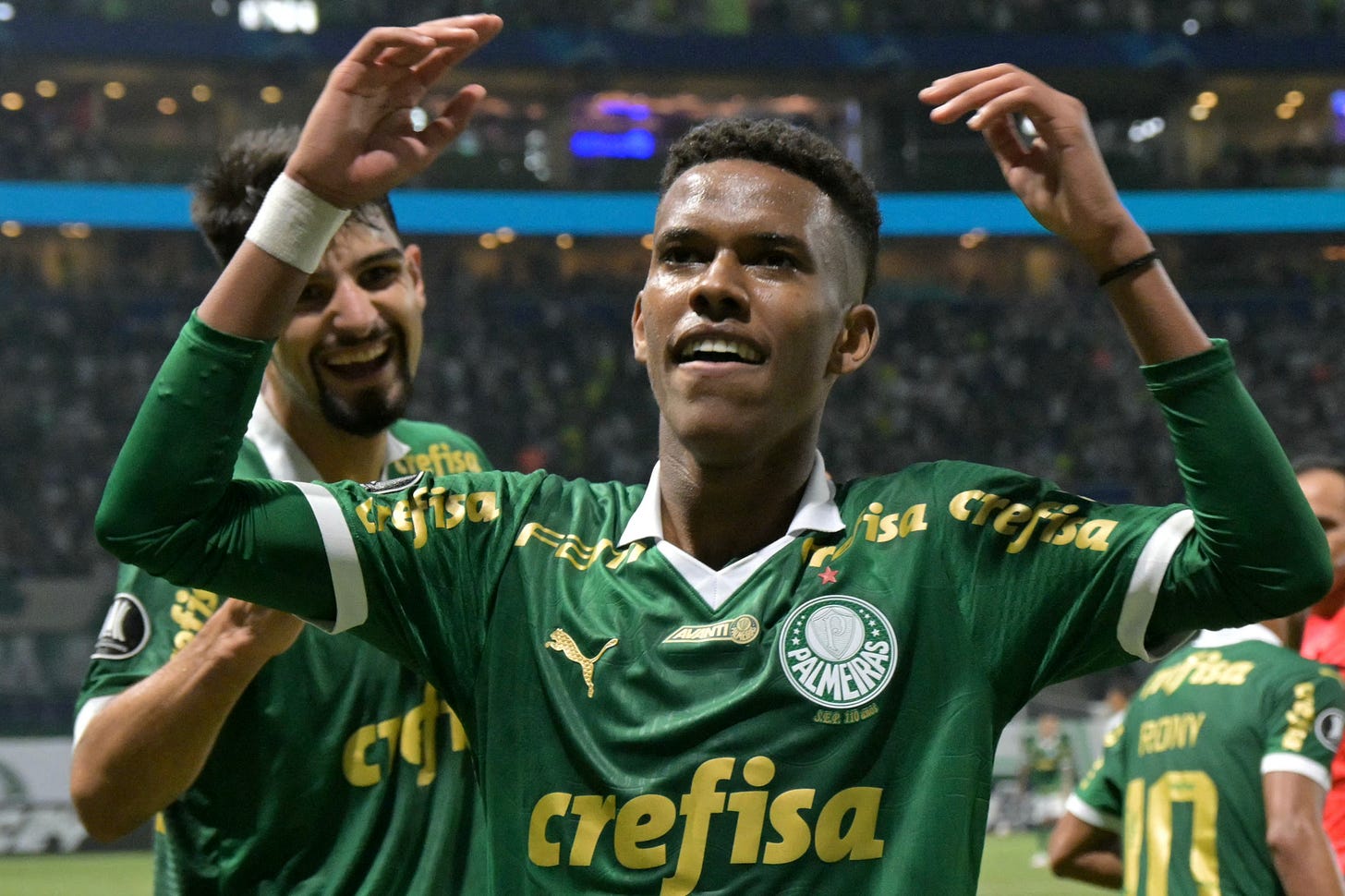 Estevao Willian pictured celebrating a goal for Palmeiras in April 2024