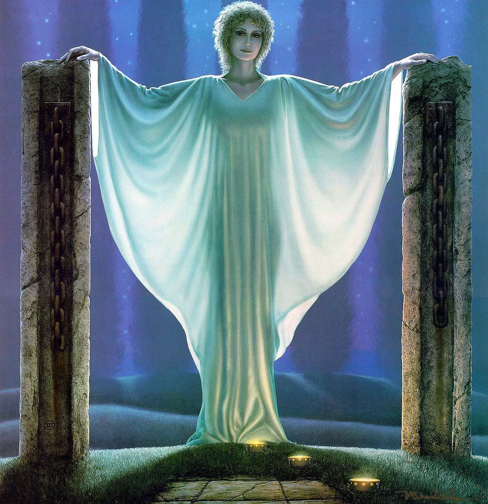 Between two columns, a woman stands with arms spread wide and hands resting at shoulder height on the rough top of each stone. A thick rusted chain hangs broken in the carved channel of each column. Against a background of blue starry sky interspersed with tall slender trees, her diaphanous gown is backlit illuminating the silhouette of her body. Her gown drapes in a form reminiscent of the female reproductive system. Her head is slightly tilted as her eyes meet the audience in a direct stare.