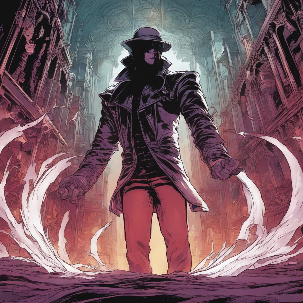 An imposing figure in red pants and leather trench coat making gloved fists in an urban gothic dystopian context.
