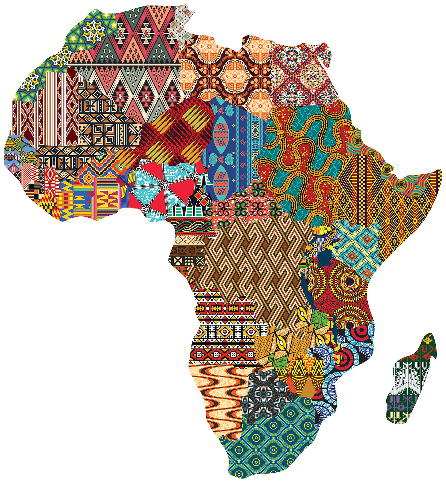 A map of Africa where each country is coloured in with fabric originating from that country