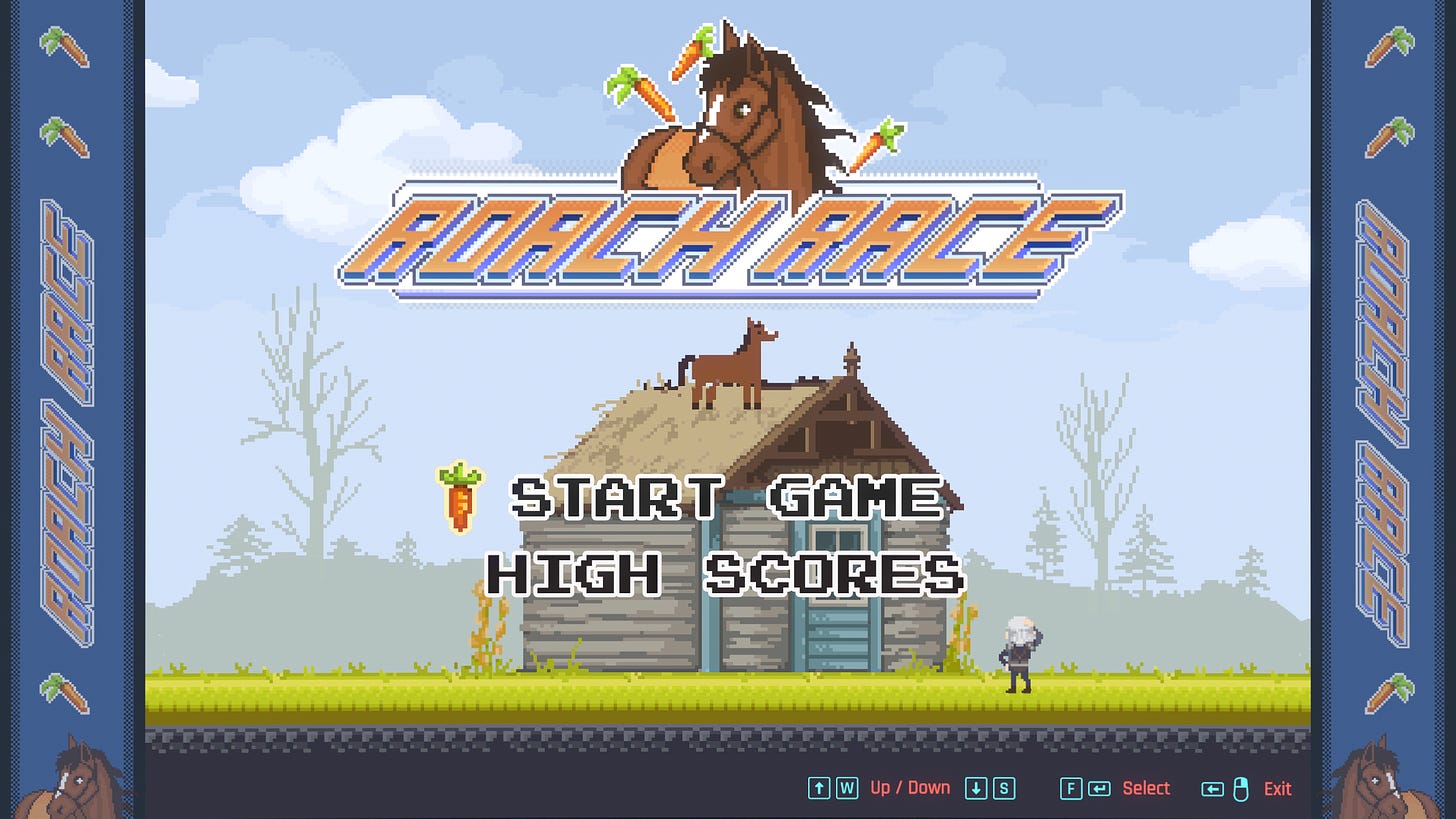 A screenshot of the game Cyberpunk 2077, showing the main menu for the game Roach Race, an in-game arcade game.