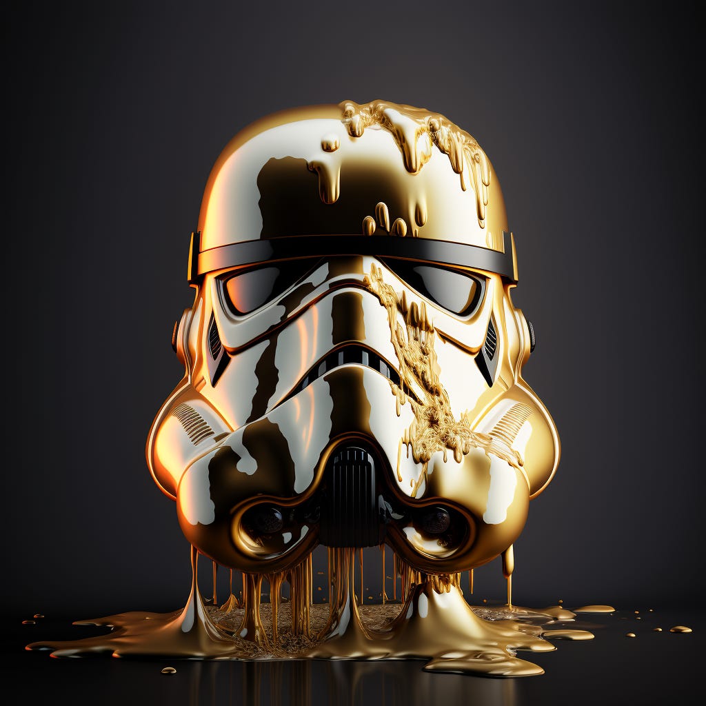 storm trooper helmet made of solid gold, dripping with melting gold, intricate, elegant, photorealistic, studio lighting, dark background, 8k