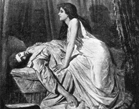 Black and white illustration of a vampire and her victim.