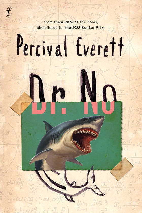 Cover of Dr. No featuring a beige background with faintly drawn mathematical equations. There's a postcard taped into the middle of the image featuring a twisting, open-mouthed shark painted on a green background. The shark's tail is not included in the postcard but has been roughly painted on the background beyond the edge of the card. 