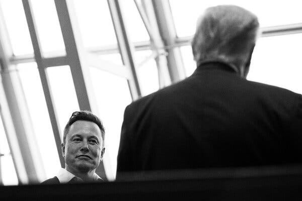 A black and white photo of Elon Musk’s face, seen over the shoulder of Donald Trump.