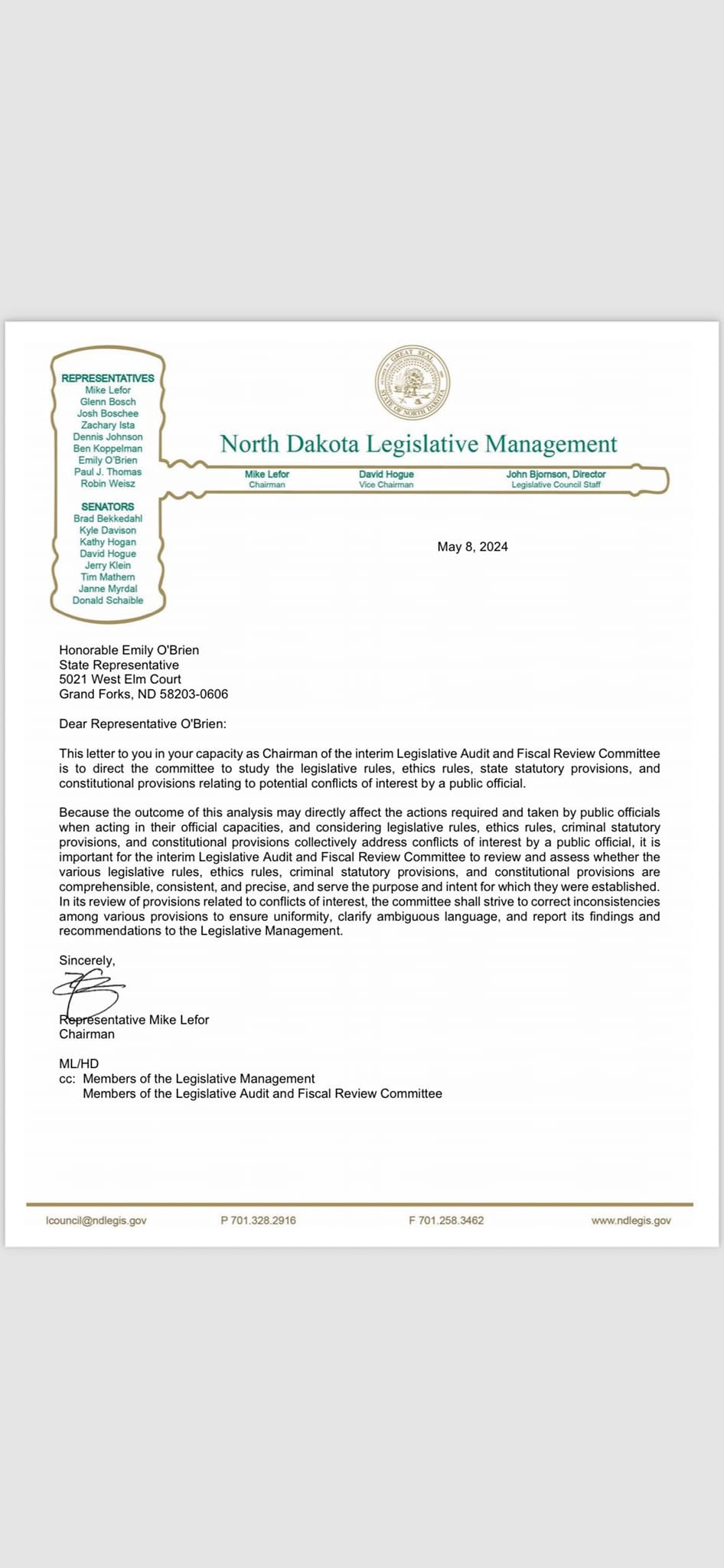 May be an image of ticket stub and text that says 'REPRESENTATIVES MisLefor DennisJohnson OBren SNTORS North Dakota Legislative Management DavidHague Director drector LepaliteCoonel May 2024 Honorable Emily O'Brien Dear Representative 'Brienc Auditand Commitee and stasutory gislative consttutiona provisiorsa are npo findings Lefor MUHD Members Members Legislative Management te Legislasive Audit Fiscal Review Committee icounoi@ndlegis g0v P701.3282916 F701 3462 www.ndlegs.gow'