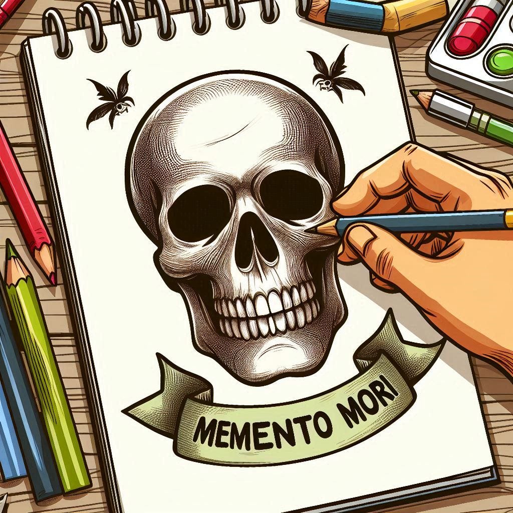 A cartoon of a skull with the words 'Memento Mori' written in a scroll underneath it