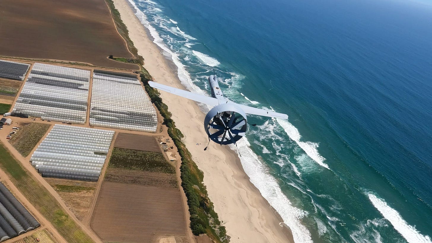 A V-BAT in flight over the California coast. Photo by Shield AI.