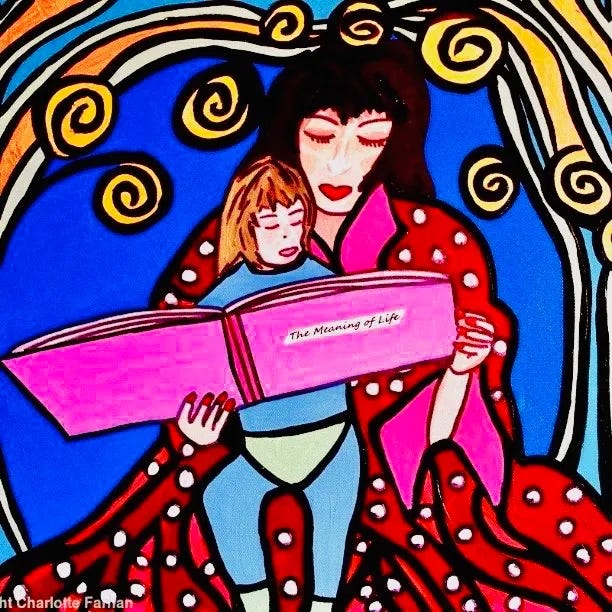 Painting of a mother and a child reading a book "The Meaning of Life"