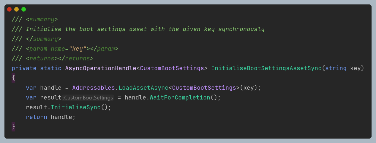 Source code demonstrating the correct approach for synchronous loading of Addressables