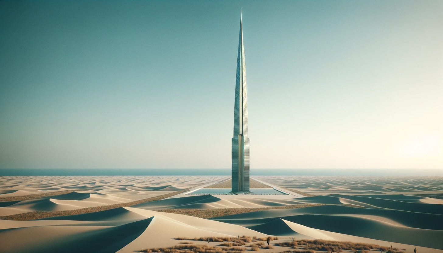 A minimalistic and futuristic visualization of Frank Lloyd Wright's unbuilt mile-high skyscraper, the Illinois, designed to look like a single needle. The skyscraper is extremely tall, sleek, and slender, with a sharp, pointed top, situated in a vast desert landscape with dunes and sparse vegetation under a clear blue sky. The building appears as a solitary, modern spire, without any structures around the base.