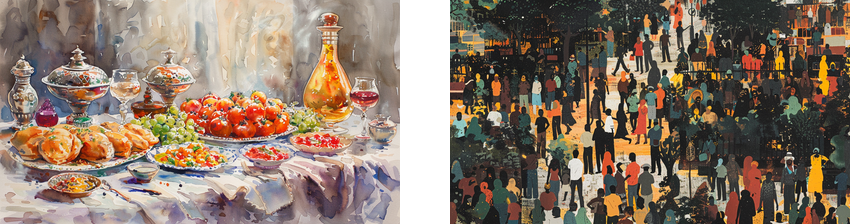 The image is split into two parts. On the left, there is a vibrant and detailed painting of a festive table spread with various foods and drinks, including roasted meats, fruits, and glasses of wine, evoking a sense of celebration and abundance. On the right, a colorful and bustling urban scene is depicted with numerous people walking and interacting, painted in a style that emphasizes the lively and dynamic atmosphere of a crowded city environment.