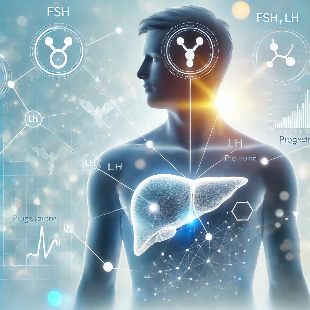 A professional medical illustration representing the relationship between hormones and liver health in men with Type 2 Diabetes. The image features a clean, modern depiction of a human silhouette highlighting the liver and hormonal pathways, with simplified hormone icons (FSH, LH, and progesterone) symbolically connected to the liver. A subtle graph overlay suggests scientific data analysis. The background conveys a positive and innovative tone with soft blue and white gradients, representing medical research and progress.