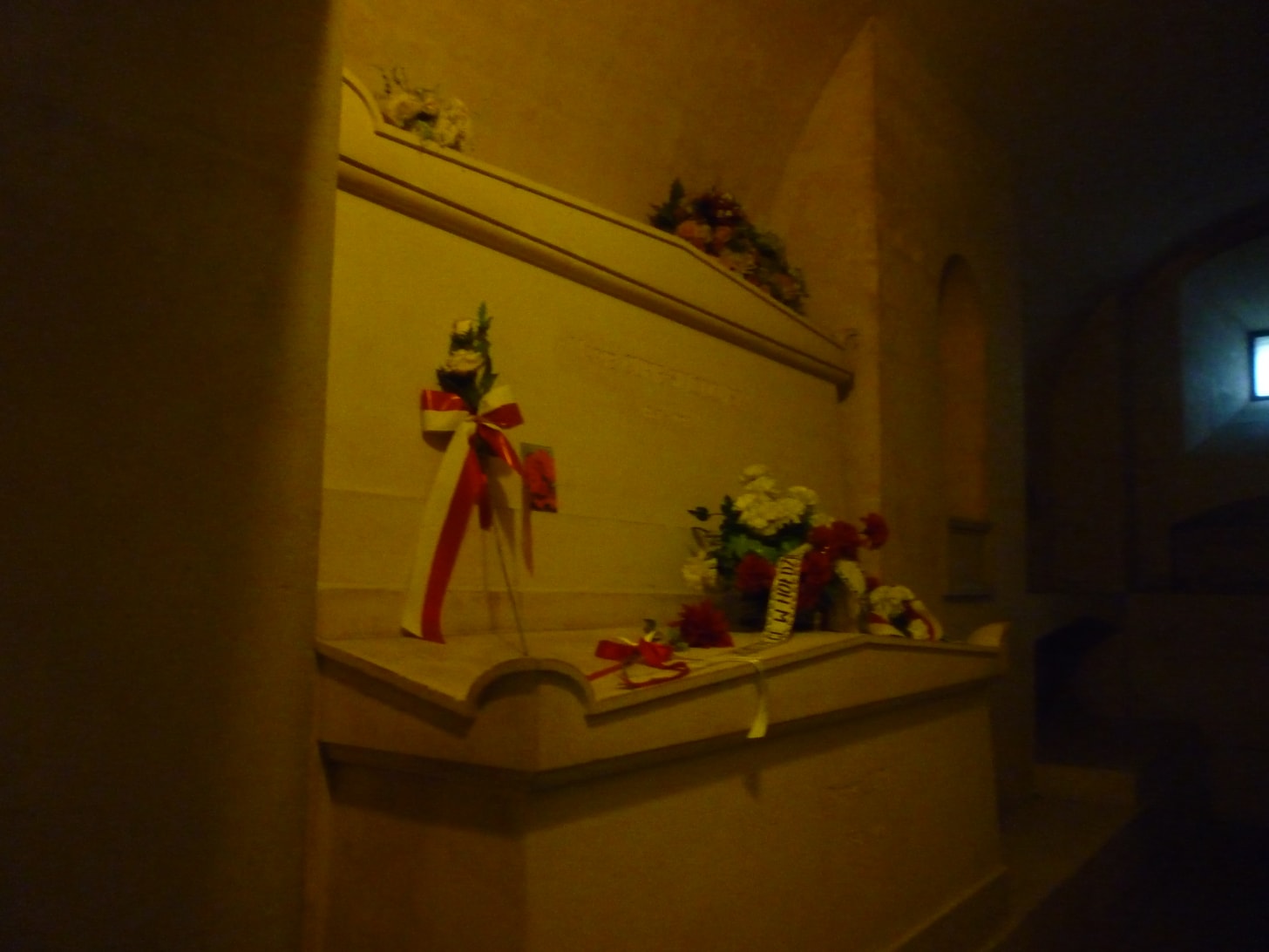 Tomb of Marie and Pierre Curie in the Pantheon with Polish flags on it