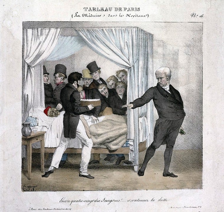 A group of doctors, some wearing top hats, stands around the bed of a very sickly patient. On the right of the image, another doctor points towards the patient and orders another 90 leeches to be applied.