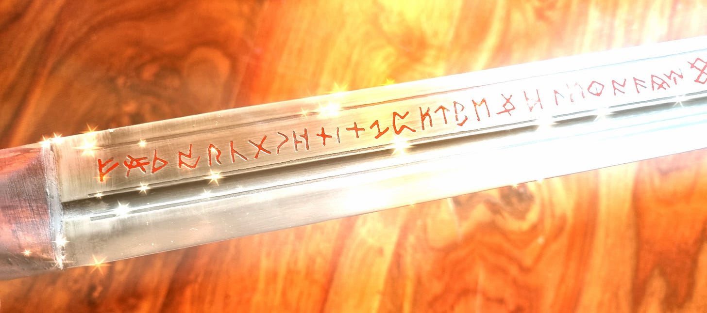 A blade of a sword with nordic style runes carved on blade. They are glowing red and the blade glitters as if magic