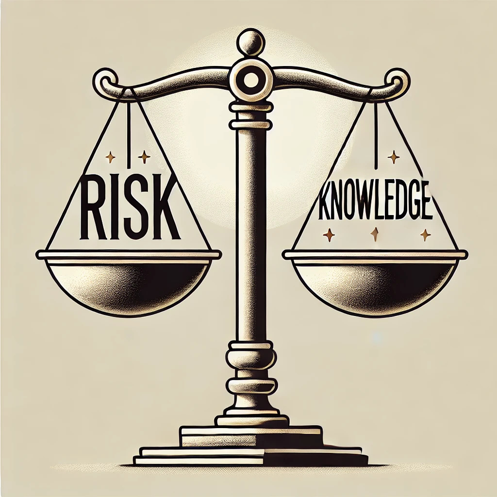 An illustration of a balanced scale with two sides. On one side, the word 'Risk' is written in bold, and on the other side, the word 'Knowledge' is written. The scale is perfectly balanced, symbolizing the careful balance needed when conducting experiments. The style is modern and minimalistic with clean lines, a neutral color palette, and a hint of brightness to draw attention to the words. The background is plain white to keep the focus on the scale.