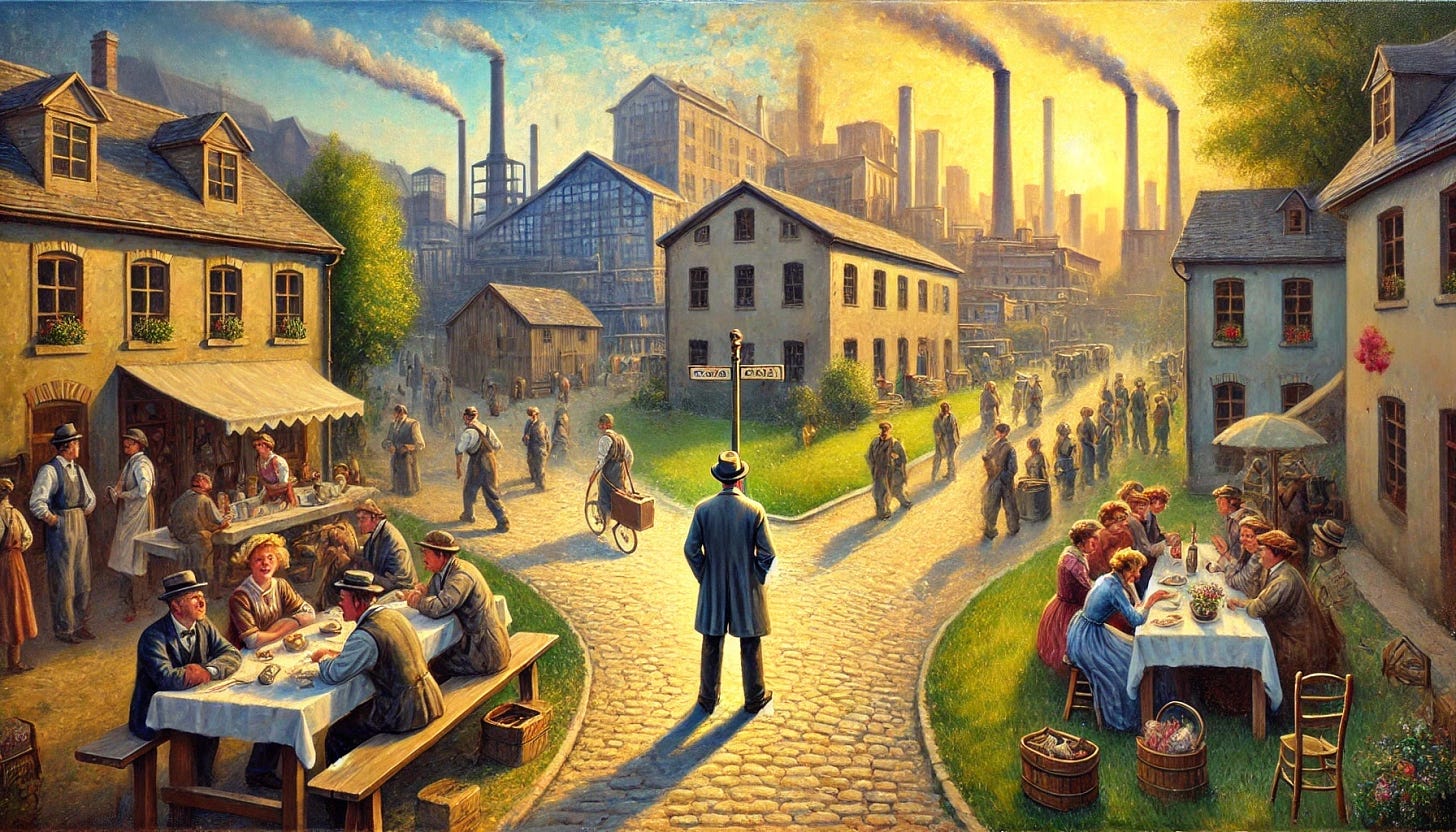 An impressionistic oil painting in the style reminiscent of Fritz Syberg, featuring a man standing at a crossroads between two distinct aspects of his life. On the right side, his work life is represented with an industrious setting from the early 1900s, including old European factory buildings and smokestacks, with further simplification by removing additional elements. On the left side, his personal life is shown with his family gathered at a picnic table under warm sunlight, enjoying a peaceful moment together. The painting is filled with soft, dappled light, evoking a serene and reflective mood. The color palette remains gentle and pastel-like, emphasizing the contrast between the work and personal life choices.