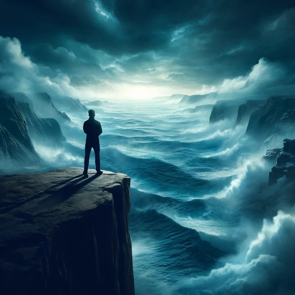 A powerful image depicting a person standing at the edge of a cliff, looking out over a vast, stormy sea. The person is calm and composed, symbolizing self-control in the face of overwhelming emotions or challenges. The dramatic contrast between the calm individual and the turbulent sea enhances the theme of mastering one's emotions.