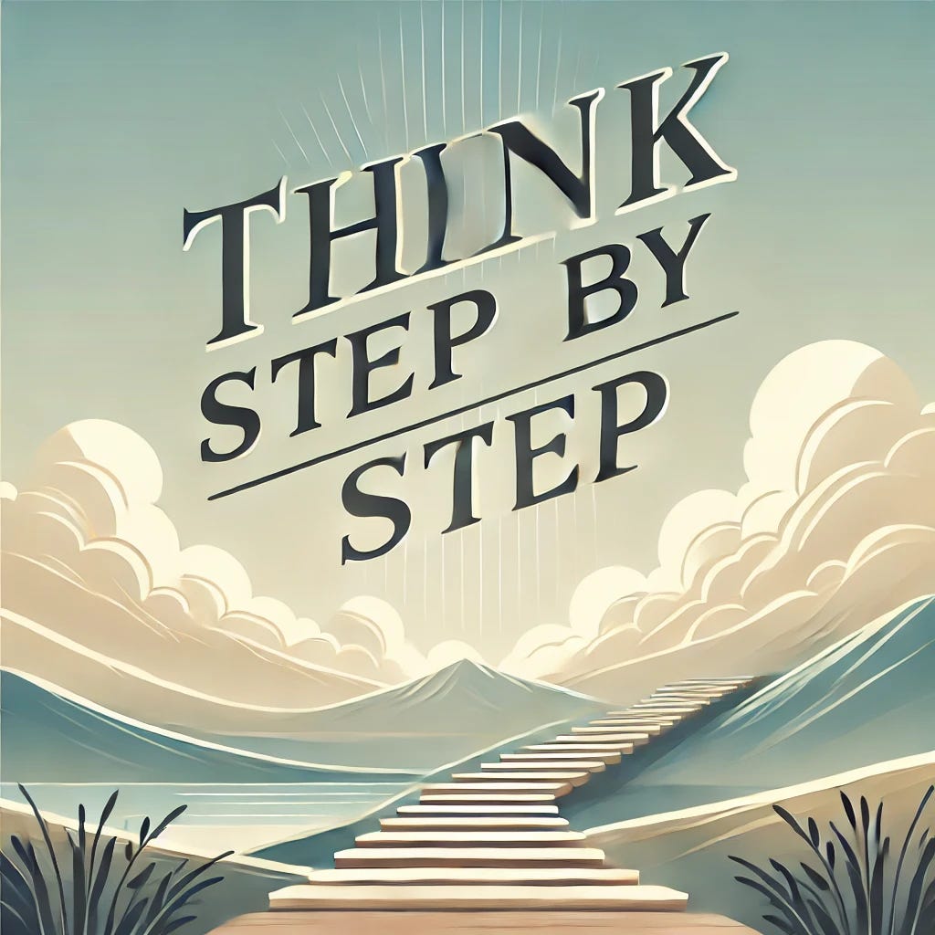 An inspirational image with the text 'Think step by step' prominently displayed. The background should be light and uplifting, with elements that evoke a sense of progress and calmness, such as a path, stairs, or a gentle gradient. Use modern, clean fonts for the text. The overall design should be simple yet motivating.