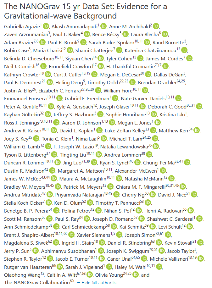 A screenshot of the author list for "The NANOGrav 15 yr data set." There are 69 authors.