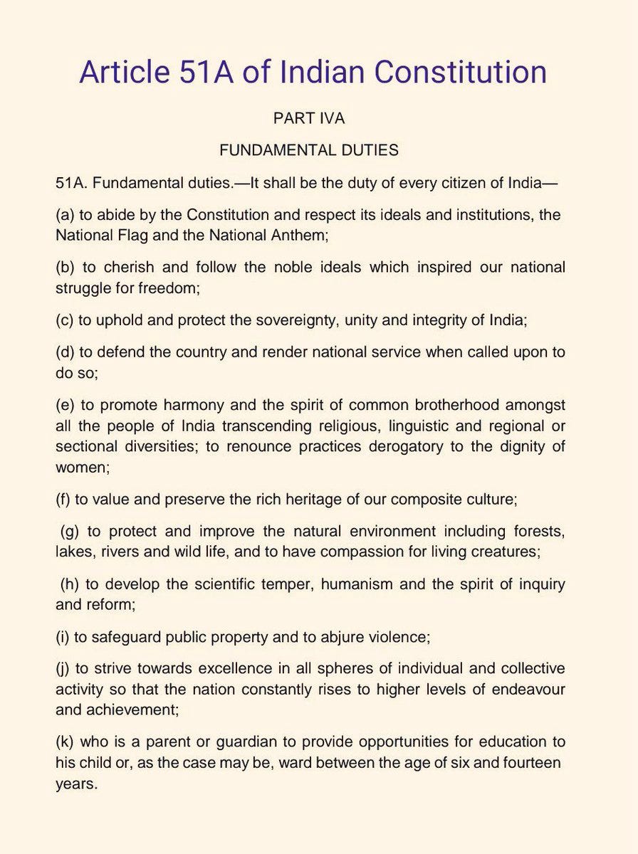Sonal Goel IAS 🇮🇳 on X: "Fundamental Duties of Citizens were incorporated  in Article 51A, Part IVA of #Constitution ,by 42nd Amendment Act in 1976.  Originally 10 in number,the duties were increased