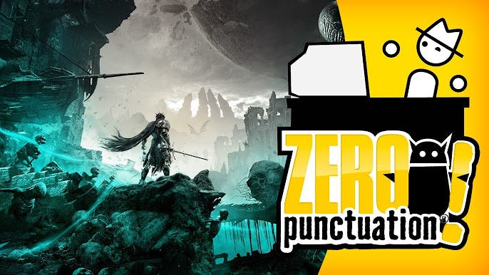 Zero Punctuation video thumbnail, featuring key art from Lords of the Fallen on the left and the Zero Punctuation logo on the right. A simple caricature of a man ranting at a desk is visible on a yellow background.
