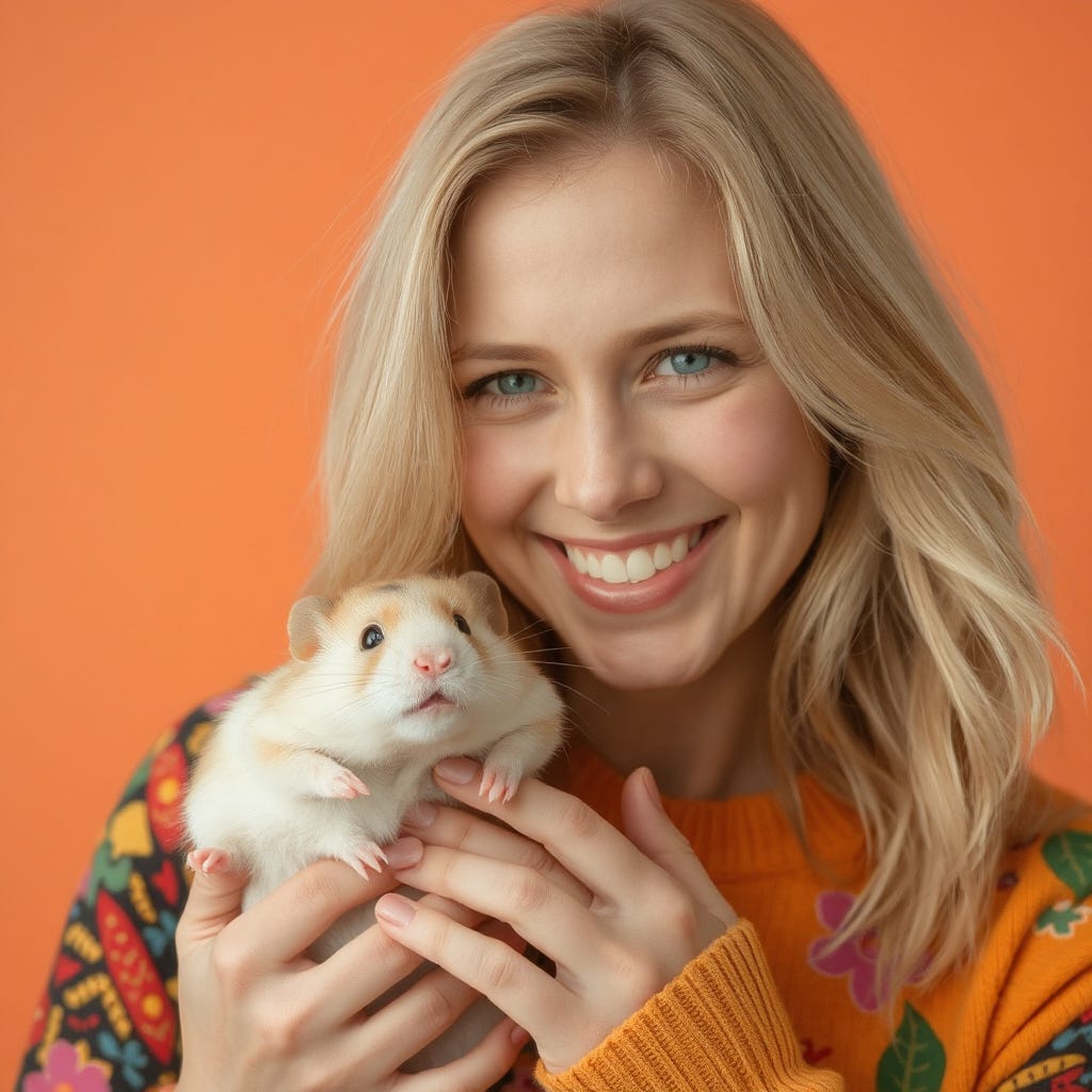 Portrait of a beautiful happy 30-year-old caucasian blonde woman wearing colorful clothes, petting a big white-brown hamster. isolated on a vivid contrasting light orange background with space. High-quality