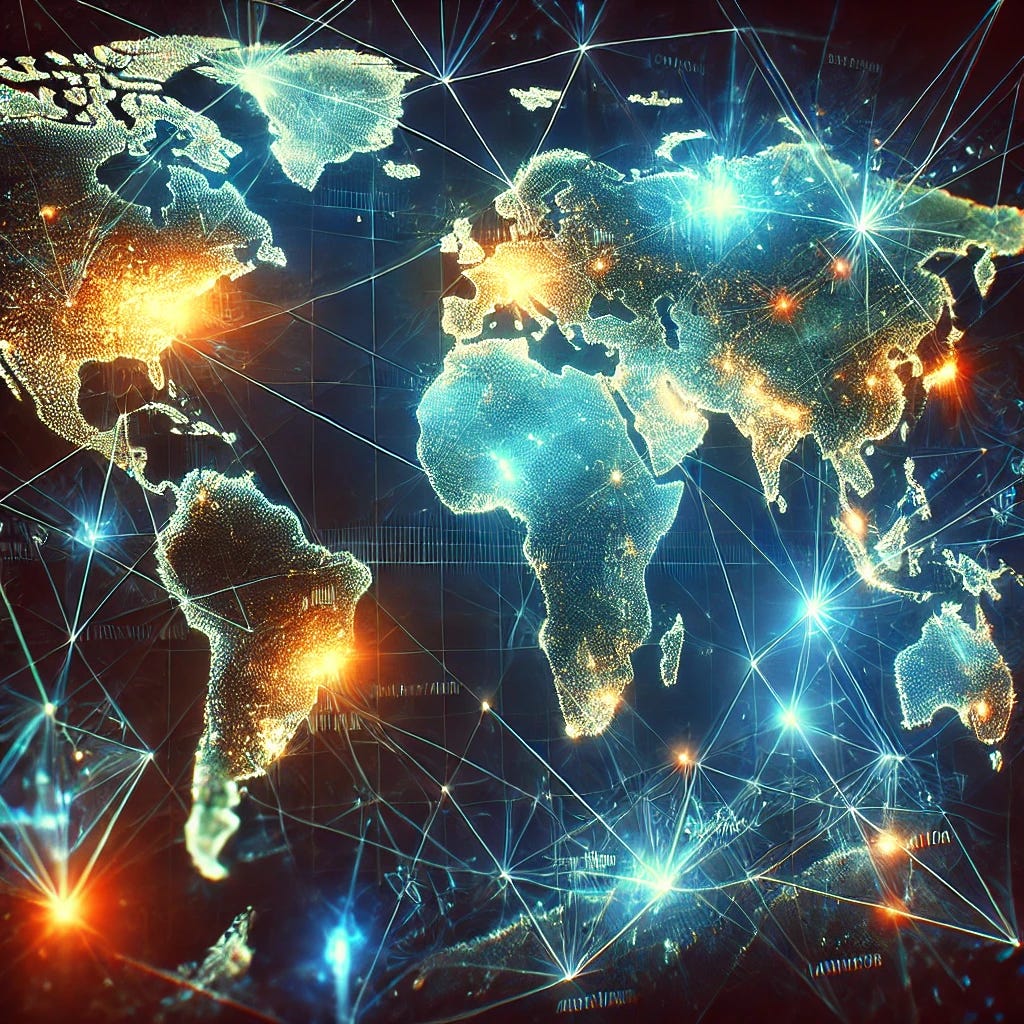 A world map with digital connections representing global economic shifts. The map is overlaid with glowing, neon lines and nodes that symbolize financial transactions, data flow, and digital infrastructure. These connections stretch across continents, suggesting a network of global financial systems. Some areas of the map appear brighter, indicating economic hubs, while others are darker, representing regions in flux or undergoing change. The atmosphere feels dynamic, as if the world is undergoing a reset or transformation in its financial systems.