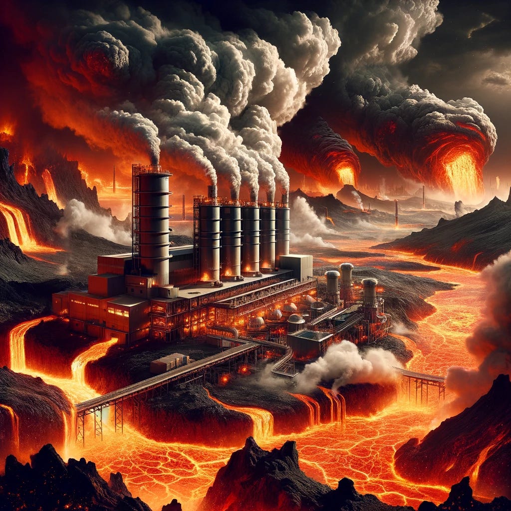 A geothermal power station in an imaginative depiction of Hell, characterized by a more intense and dramatic environment. The power station, amidst a landscape of fiery brimstone, molten lava rivers, and a dark, foreboding sky, harnesses the geothermal energy from the infernal surroundings. Billowing steam and rugged, industrial structures stand in stark contrast to the blazing, hellish backdrop, symbolizing a fusion of advanced technology with a mythical underworld setting.