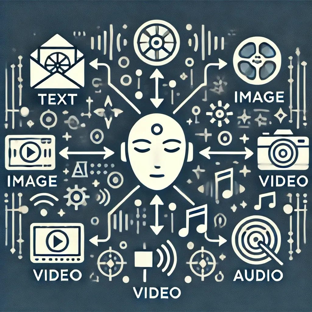 A visual representation of multimodality in AI, showing the concept at the center with arrows connecting to various modes: text, image, video, and audio. Each mode should have an icon or simple representation to illustrate it (e.g., a chat bubble for text, a picture frame for image, a film reel for video, and a soundwave for audio). The arrows indicate the AI's ability to generate and process all these modes, merging them into a unified interaction.