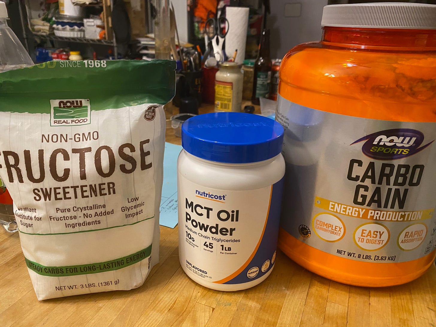 Bag of fructose, canister of MCT powder, TUB of maltodextrin.