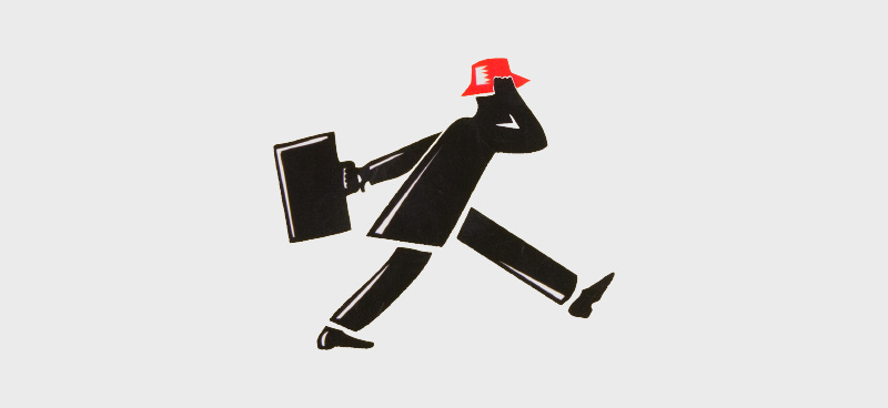 The black silhouette of a man rushing with a briefcase, holding a red hat on his head.