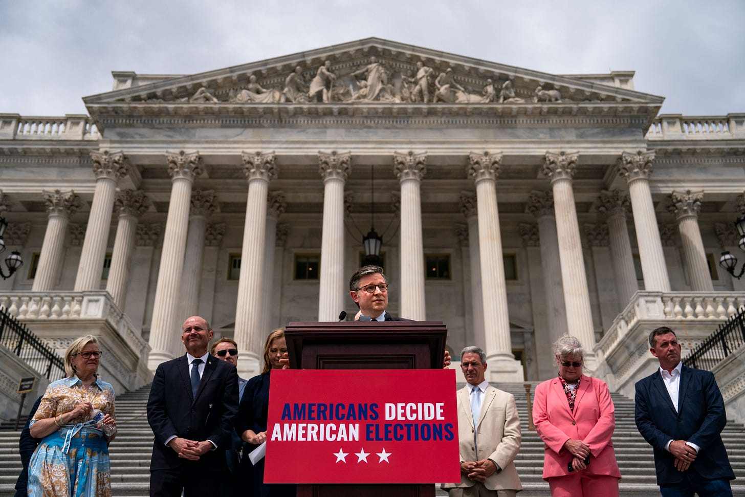 Speaker of the House Mike Johnson (R-LA) speaks during a news conference on the steps of the House of Representatives at the U.S. Capitol on May 8, 2024 in Washington, DC