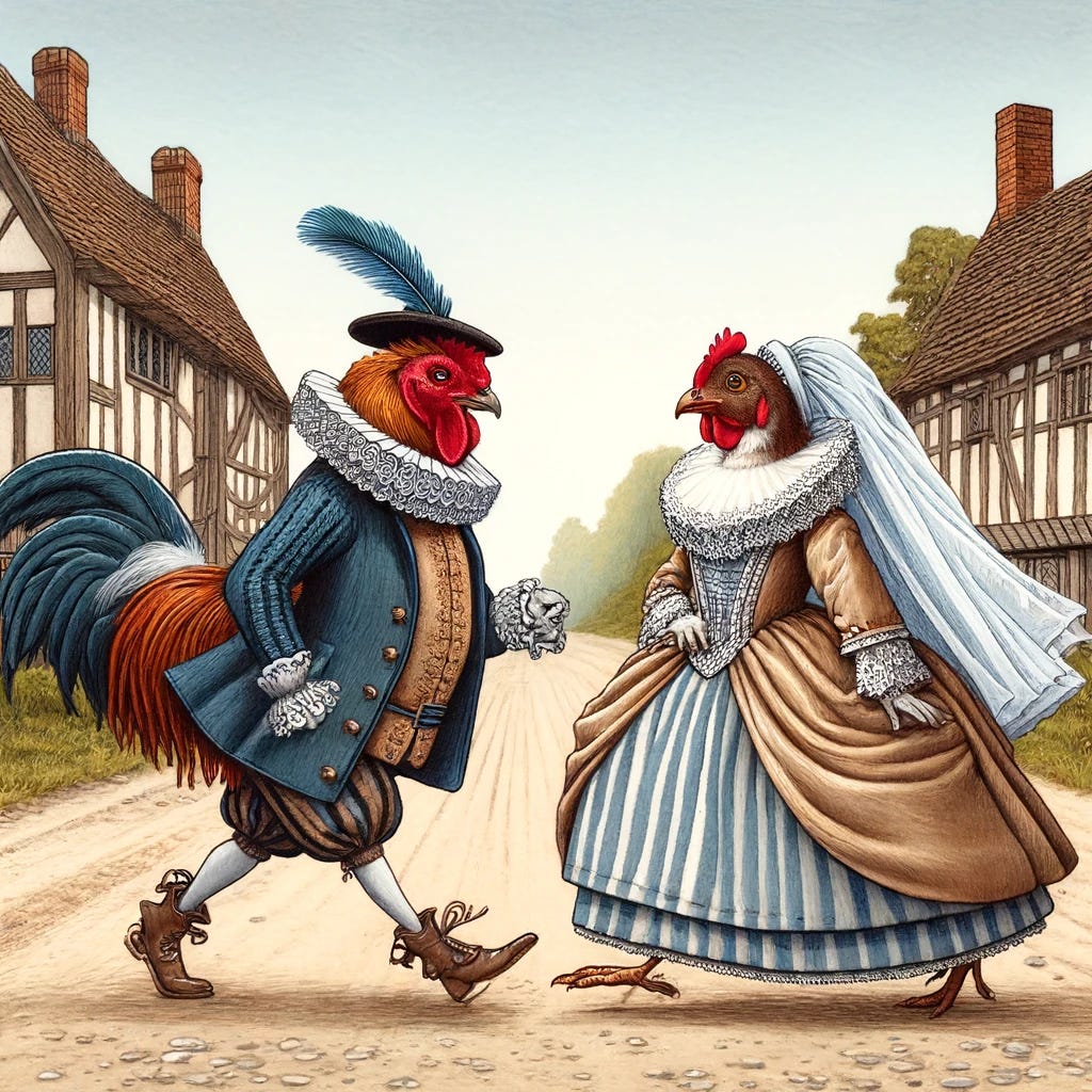 A whimsical single illustration set in the 1600s. On a rustic dirt road, a rooster dressed as a bridegroom in traditional 17th-century clothing, including a ruff and a decorative doublet, meets a hen dressed as a bride, wearing a 17th-century style gown with a ruff and a delicate veil. They are depicted crossing the road towards each other, playfully embodying the idea of 'why the chicken crossed the road.' The scene is set in a pastoral 17th-century village with timber-framed houses and cobblestone details, all in one cohesive image.