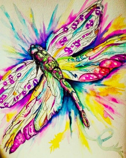 A colorful painting of a dragonfly