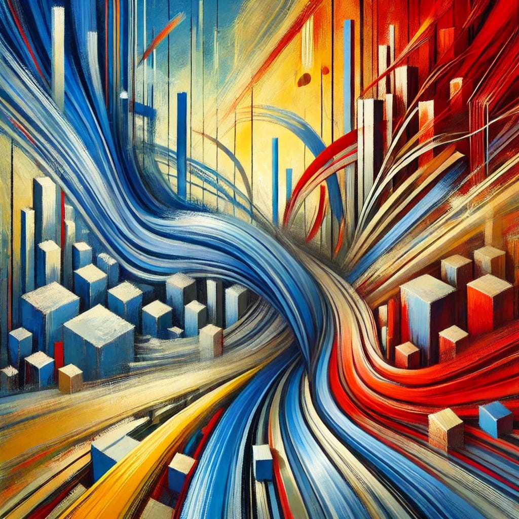 An abstract painting representing the concept of deregulation. The artwork features bold, dynamic brushstrokes cutting through dense, tangled lines symbolizing bureaucracy. Vivid colors like red, blue, and yellow clash and merge, creating a sense of disruption and transformation. Large sweeping shapes break apart rigid, grid-like patterns, illustrating the dismantling of restrictions. The composition conveys movement and energy, embodying both chaos and opportunity.