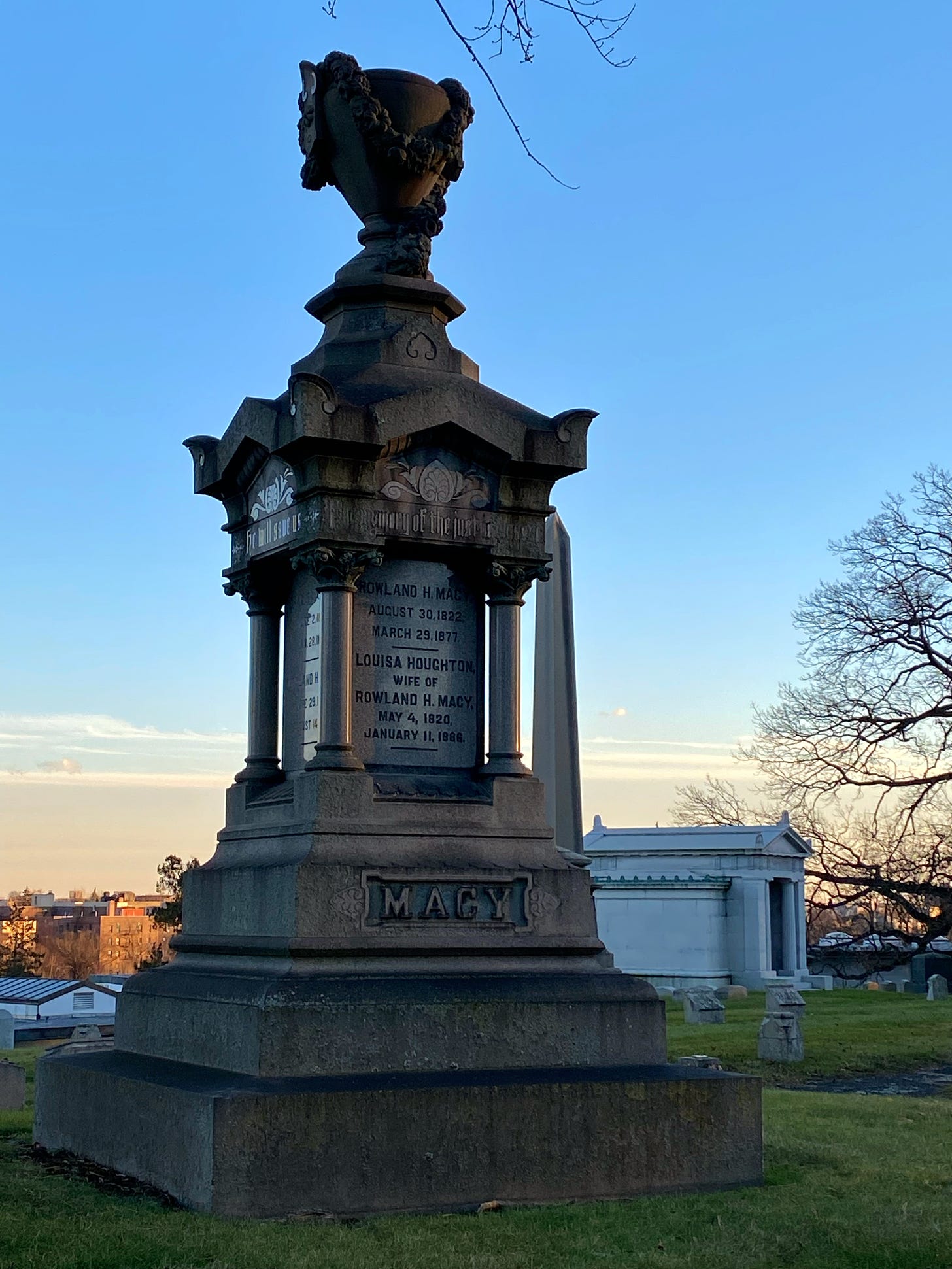The Macy monument at Woodlawn as the sun begins to set.