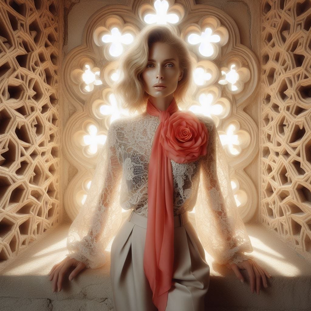 Hyper realistic;tilt shift; middle aged blonde haired woman in high collared lace blouse with silk pants and coral scarf. with Quatrefoil on wall inside it : woman  with cream Gothic Tracery inside: light rose glowing decorative tiles woman glowing light contains the Angkor Wat, Cambodia:  : light encloses  wall. sunny day with cerelean sky.Tilt shift.ethereal . 
