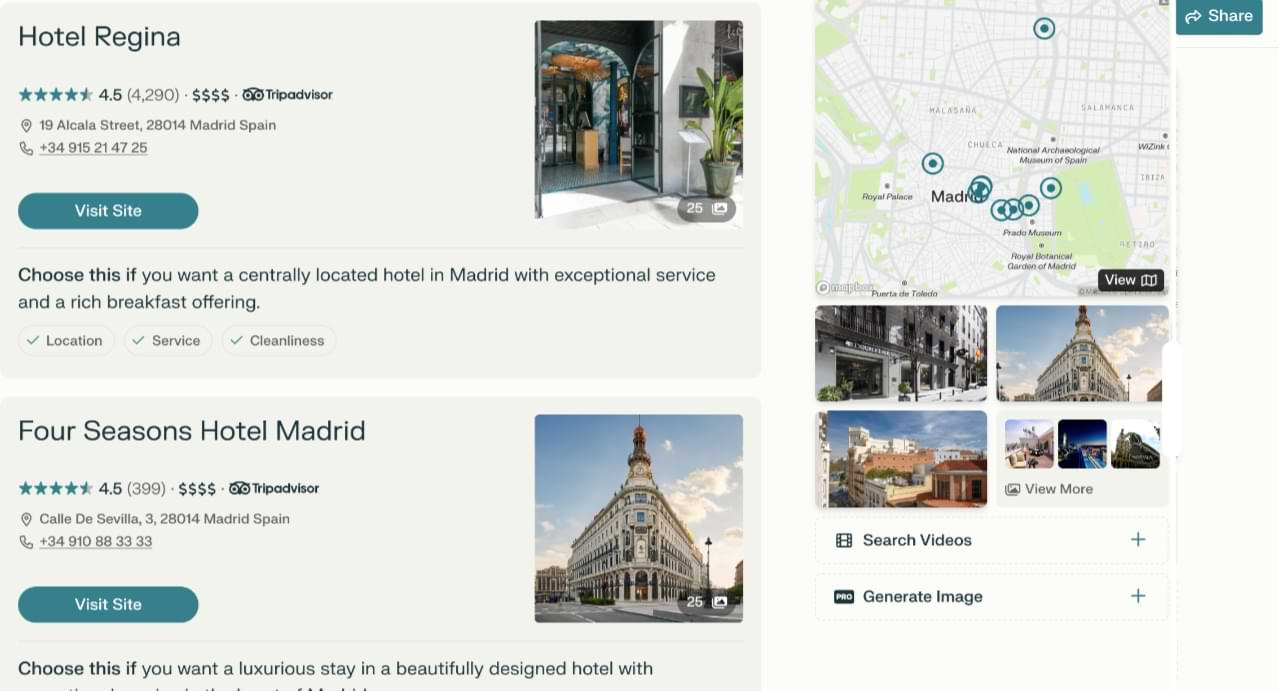 Screenshot of Perplexity AI’s updated hotel recommendation interface, featuring Tripadvisor ratings, larger hotel images, and more personalized summaries explaining why each hotel suits specific needs. The design focuses on visual appeal and detailed, user-centric information compared to the older format