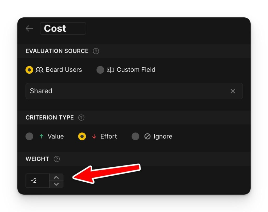 Cost Criterion setup at Ducalis.io for Technical Debt prioritization.