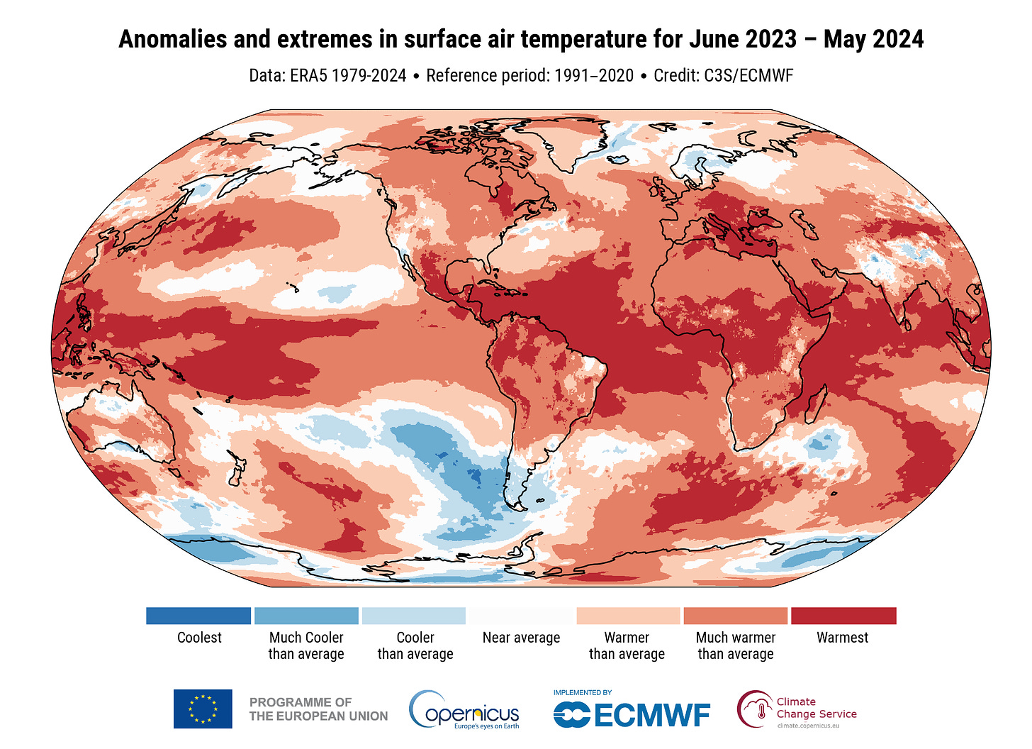 Flattened globe graphic illustrating the extreme, record setting temperatures of the last year from Copernicus.