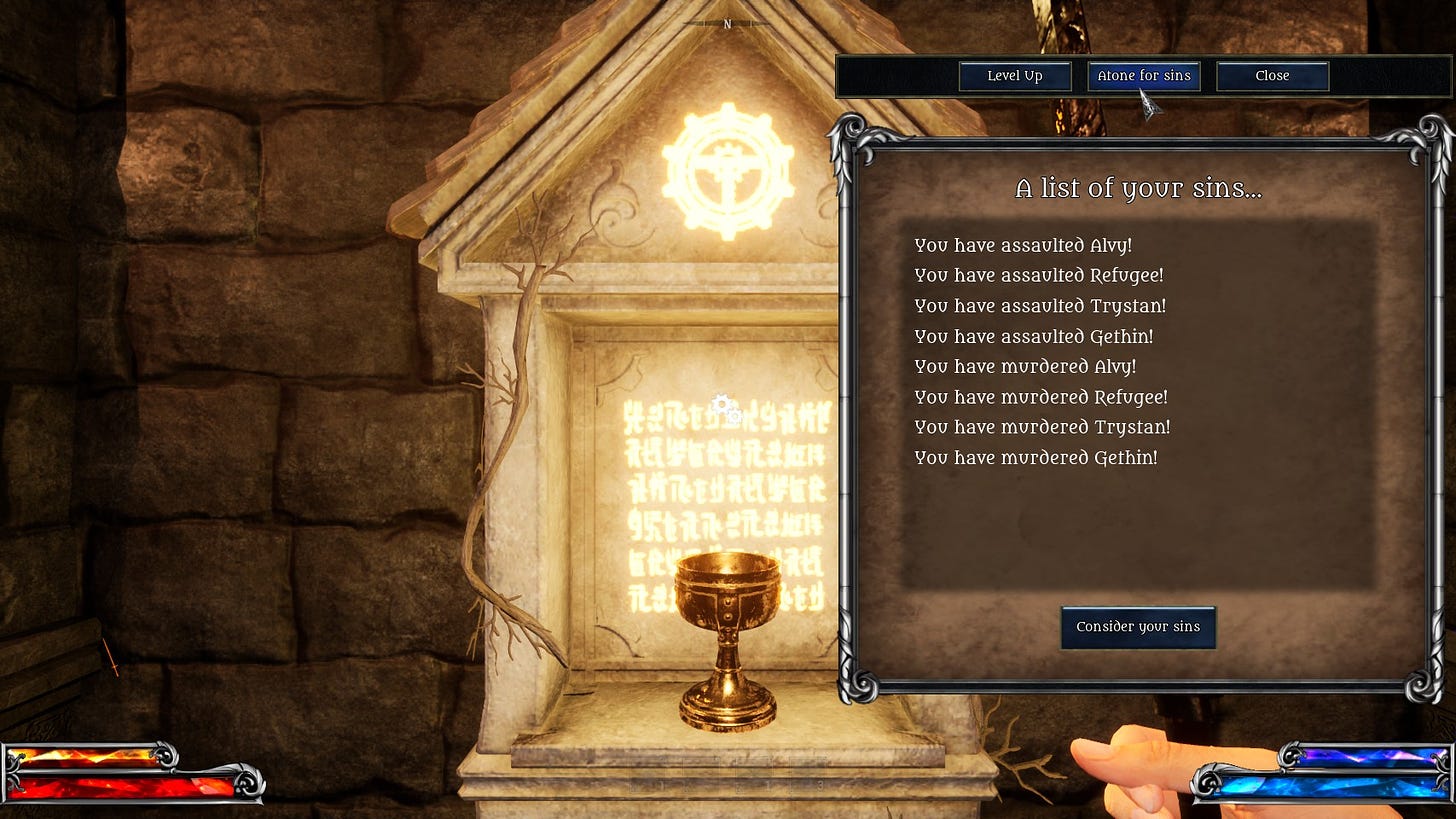 A screenshot of the game Monomyth, showing the shrine with glowing script and a golden chalice. To the right is the player character's list of sins to atone for.