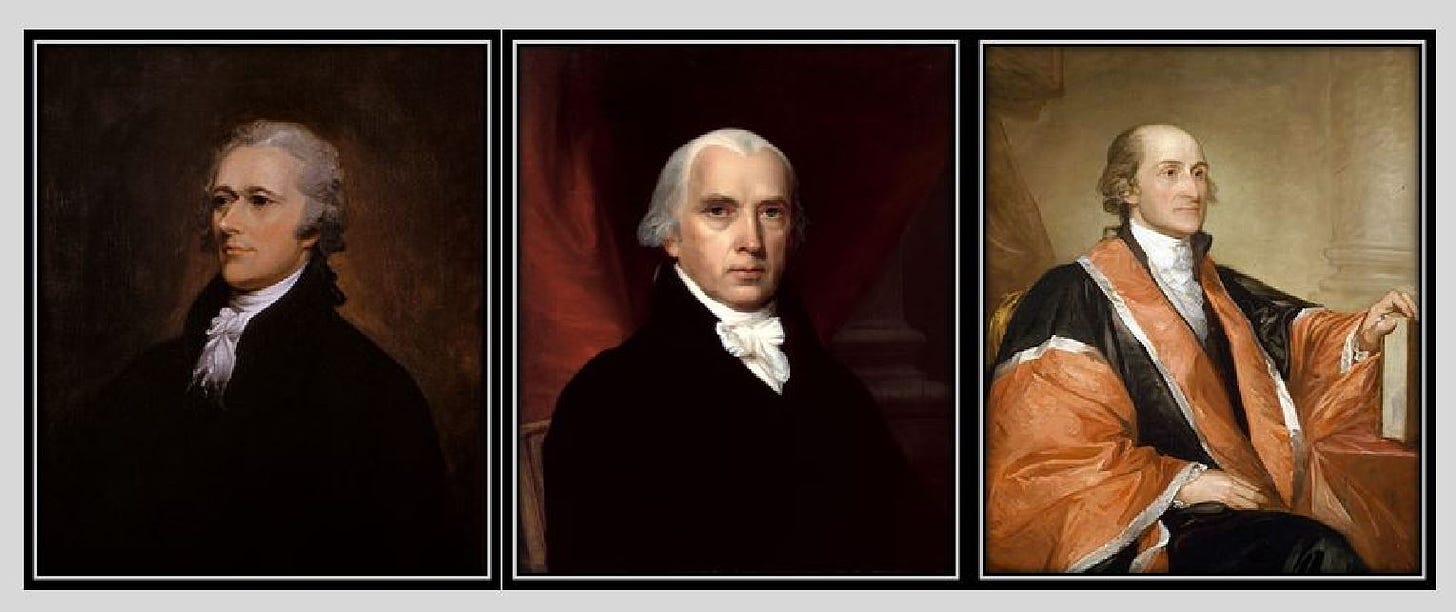 Side-by-side portraits of Hamilton, Madison, and Jay.