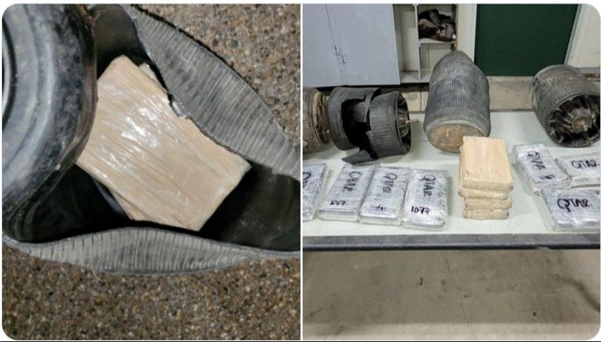 Forty pounds of cocaine were found hidden in a shipment of rubber goods passing through a South Texas Border Patrol checkpoint. Forty pounds of cocaine were found hidden in a shipment of rubber goods passing through a South Texas Border Patrol checkpoint.