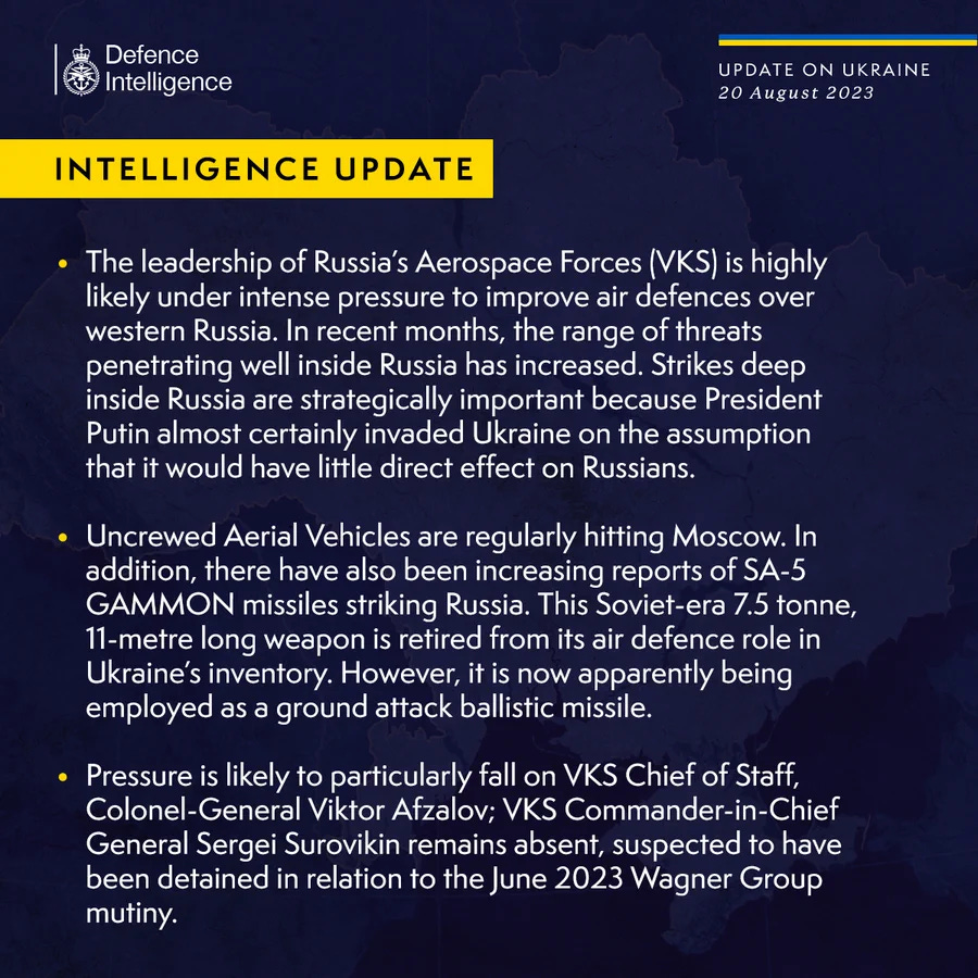 Latest Defence Intelligence update on the situation in Ukraine - 20 August 2023. Please read thread below for full image text.